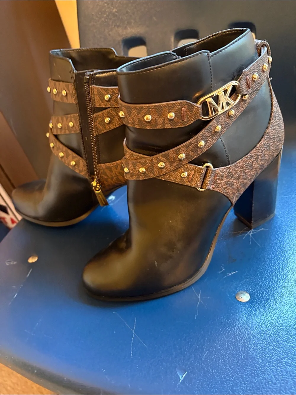 Michael Kors Black Leather Ankle Boots with Brown Logo Straps and Gold Hardware